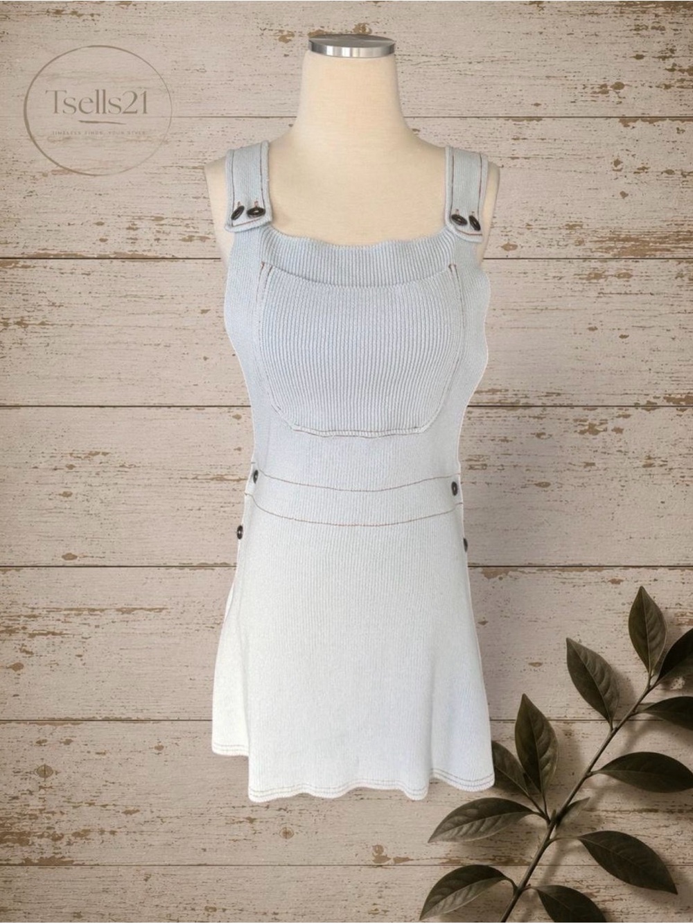 Zara Light Blue Ribbed Knit Overall Mini Jumper Dress - Size S